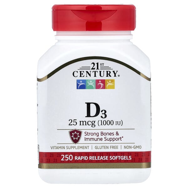 21st Century, Vitamin D3, 25 mcg (1,000 IU), 250 Rapid Release Softgels
