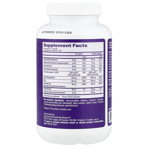 Alternative view of Advanced Orthomolecular Research AOR, Advanced B Complex™, 180 Capsules