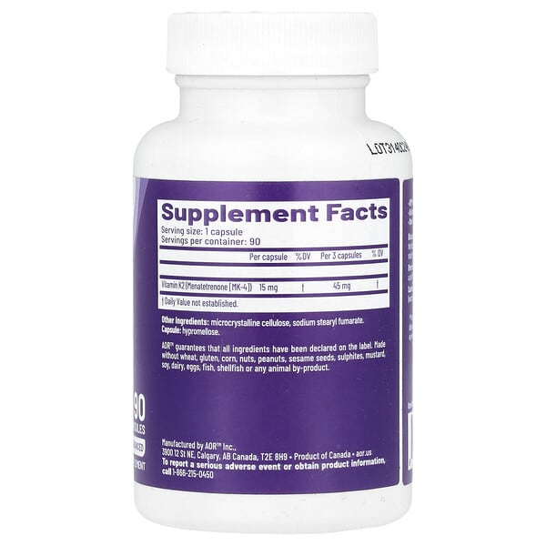 Alternative view of Advanced Orthomolecular Research AOR, Peak K2, 15 mg, 90 Capsules