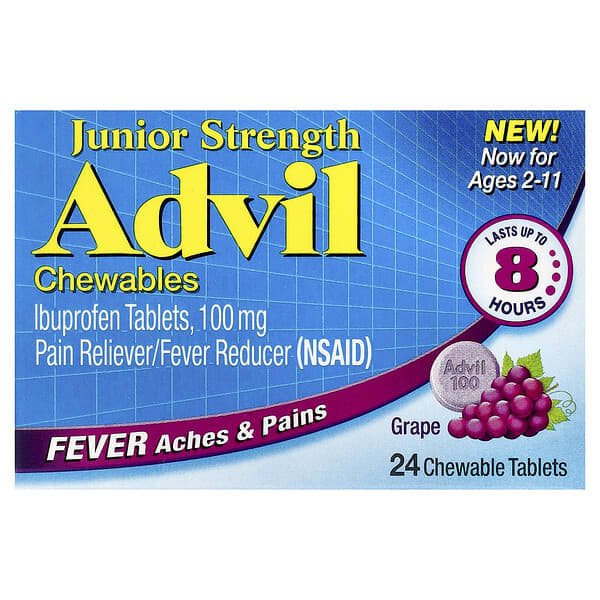 Advil, Junior Strength, Ibuprofen Tablets, Ages 2-11, Grape, 100 mg, 24 Chewable Tablets