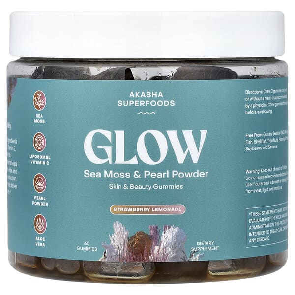 Akasha Superfoods, Glow, Sea Moss & Pearl Powder, Strawberry Lemonade, 60 Gummies