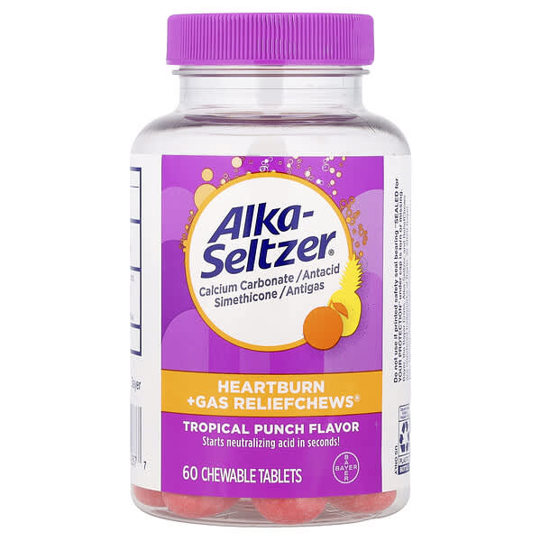 Alka-Seltzer, Heartburn + Gas Reliefchews, Tropical Punch, 60 Chewable Tablets