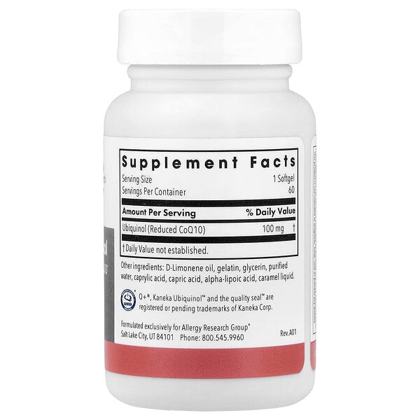 Alternative view of Allergy Research Group, CoQ10 Ubiquinol, 60 Softgels (100 mg per Softgel)