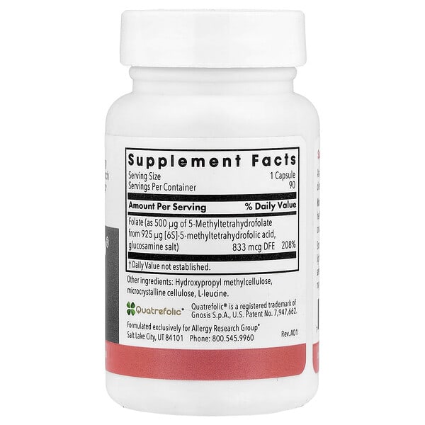 Alternative view of Allergy Research Group, QuatreActiv® Folate, 90 Vegetarian Capsules (833 mcg per Capsule)