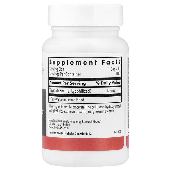 Alternative view of Allergy Research Group, Thyroid, Natural Glandular, 40 mg, 100 Vegetarian Capsules