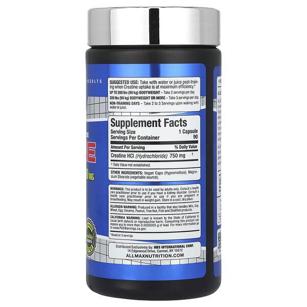 Alternative view of ALLMAX, Creatine HCL, 750 mg, 90 Capsules