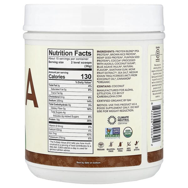 Alternative view of Aloha, Organic Protein Powder, Chocolate, 1 lb 3 oz (540 g)