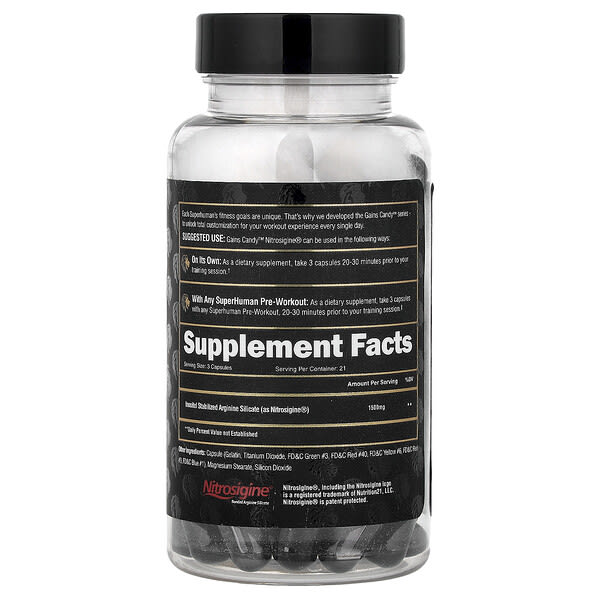 Alternative view of ALPHA LION, Gains Candy, Nitrosigine®, 63 Capsules (500 mg per Capsule)