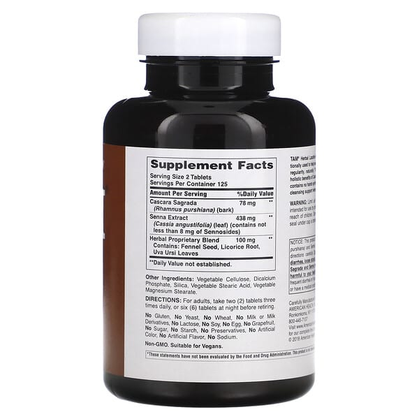 Alternative view of American Health, TAM, Herbal Laxative, 250 Tablets