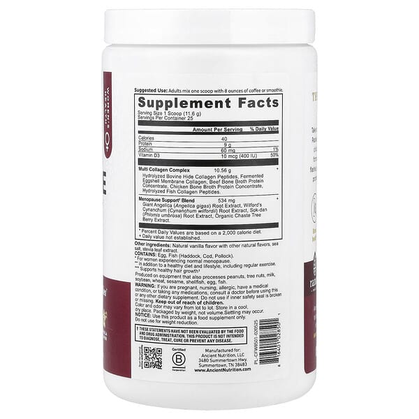 Alternative view of Ancient Nutrition, Menopause Support + Collagen, Vanilla, 10.2 oz (289.9 g)
