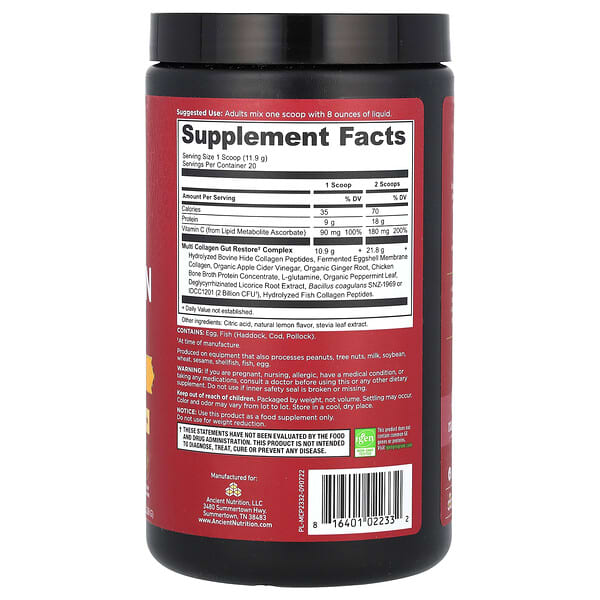 Alternative view of Ancient Nutrition, Multi Collagen Protein, Gut Restore, Lemon Ginger, 8.4 oz (238 g)