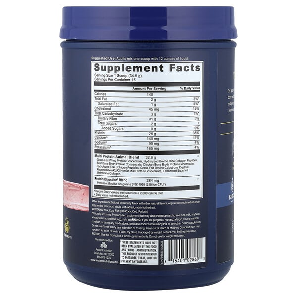 Alternative view of Ancient Nutrition, Multi Protein, Animal-Based, Strawberry, 1.14 lb (518 g)