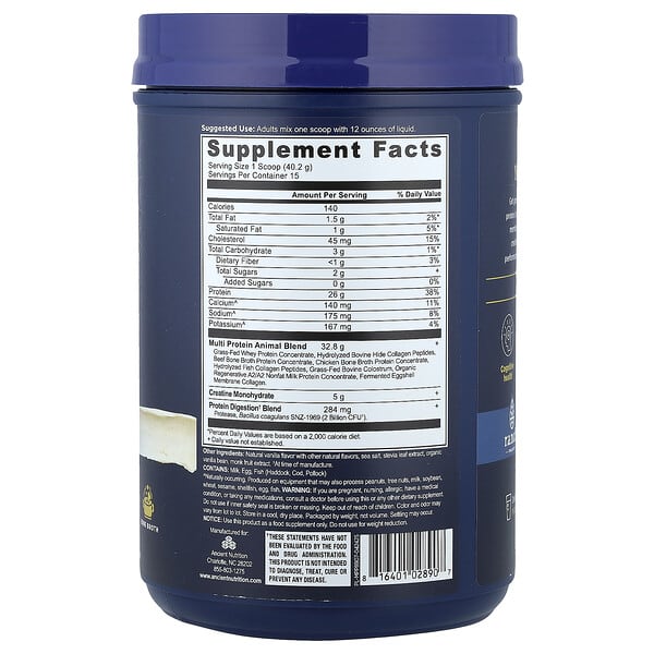 Alternative view of Ancient Nutrition, Multi Protein + Creatine, Animal-Based, Vanilla Bean, 1.33 lb (604 g)