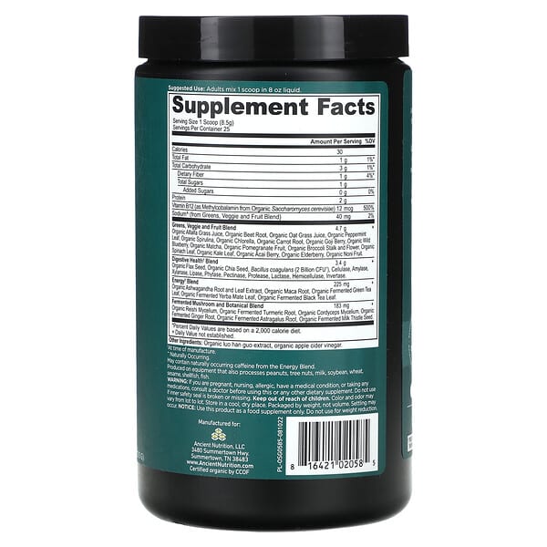 Alternative view of Ancient Nutrition, Organic Super Greens, Energizer, 7.5 oz (213 g)