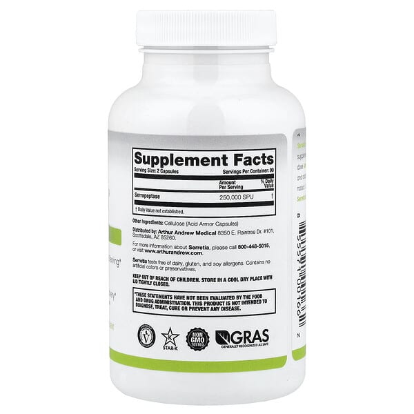 Alternative view of Arthur Andrew Medical, Serretia®, Pure Serrapeptase, 180 Capsules (125,000 SPU per Capsule)