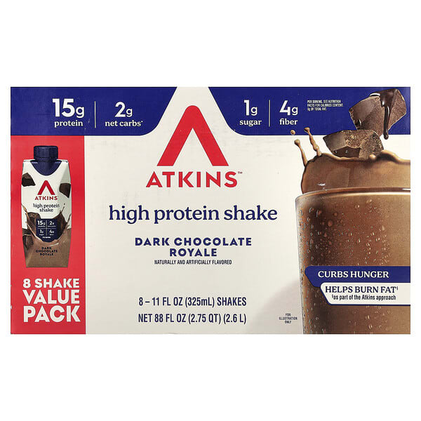 Atkins, High Protein Shake, Dark Chocolate Royale, 8 Shakes, 11 fl oz (325 ml) Each