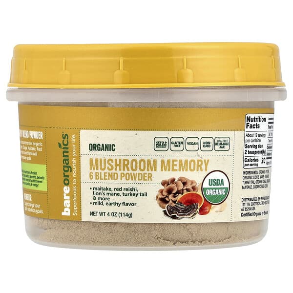 BareOrganics, Organic Mushroom Memory 6 Blend Powder, 4 oz (114 g)
