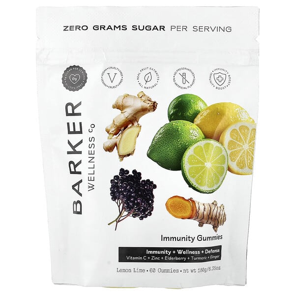 Barker Wellness Co, Immunity Gummies, Lemon Lime, 60 Gummies