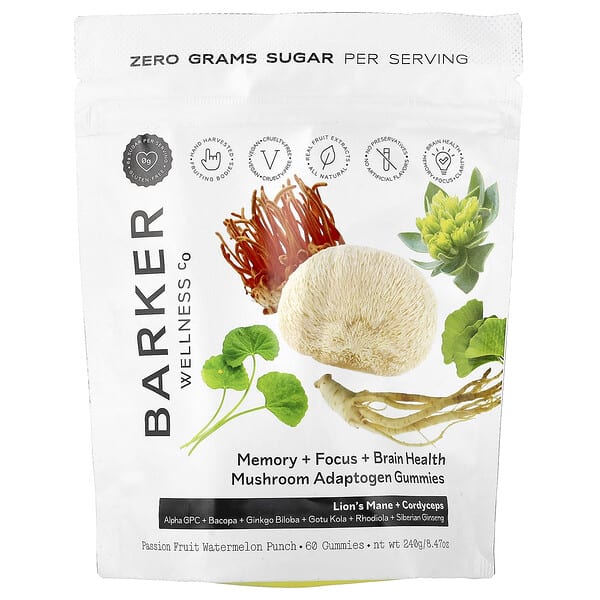 Barker Wellness Co, Mushroom Adaptogen Gummies, Passion Fruit Watermelon Punch, 60 Gummies