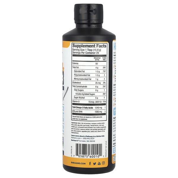 Alternative view of Barlean's, Seriously Delicious®, Omega-3 From Fish Oil + Vitamin D, Mango Peach Smoothie, 16 oz (454 g)