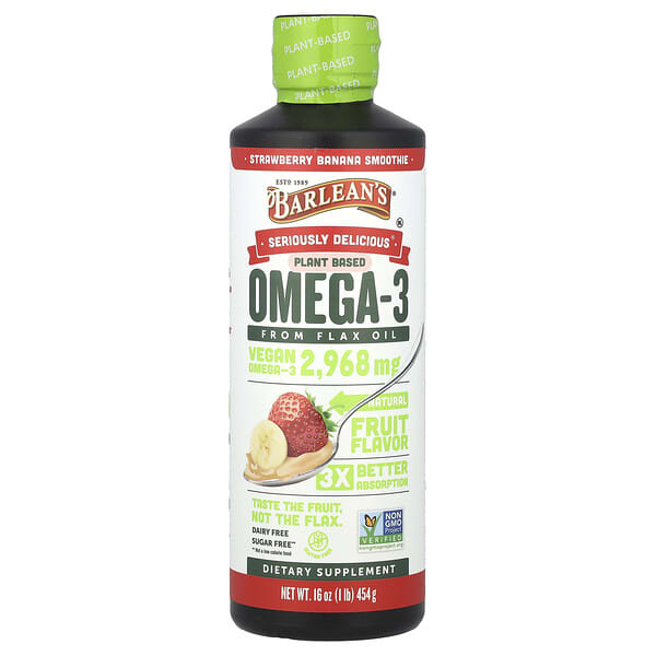 Barlean's, Seriously Delicious®, Omega-3 From Flax Oil, Strawberry Banana Smoothie, 2,968 mg, 16 oz (454 g)