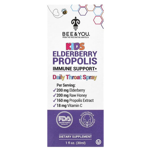 Bee & You, Kids Elderberry Propolis Daily Throat Spray, 1 fl oz (30 ml)
