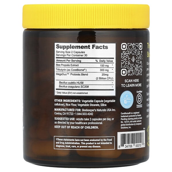 Alternative view of Beekeeper's Naturals, Propolis Complete Gut Health, 60 Vegetable Capsules