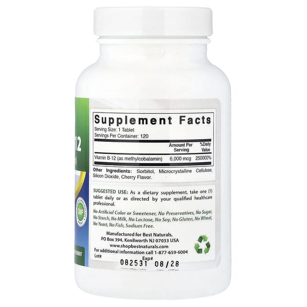 Alternative view of Best Naturals, Vitamin B-12 (Methylcobalamin), 6,000 mcg, 120 Tablets