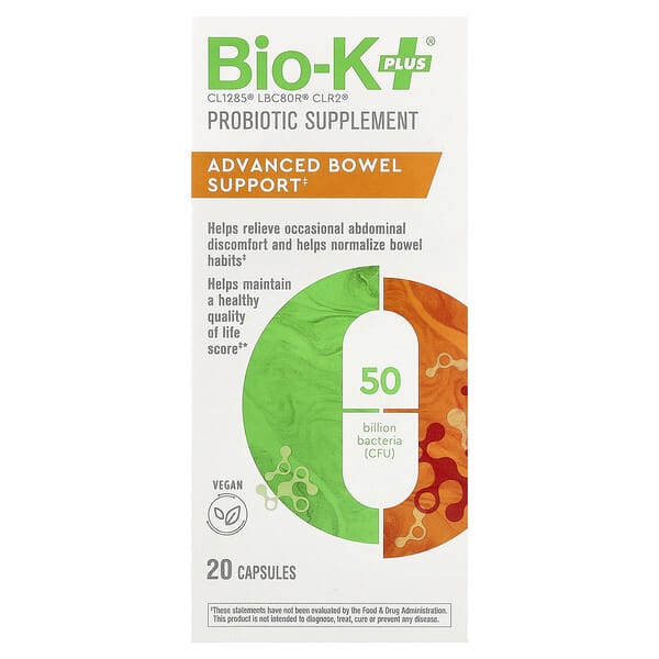 Bio-K+, Probiotic Supplement, Advanced Bowel Support, 20 Capsules
