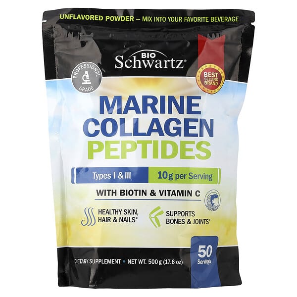 BioSchwartz, Marine Collagen Peptides Powder, Types I & III, With Biotin & Vitamin C, Unflavored, 17.6 oz (500 g)