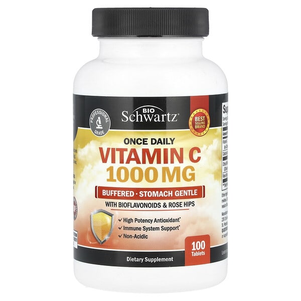 BioSchwartz, Once Daily Vitamin C, Buffered, Stomach Gentle with Bioflavonoids & Rose Hips, 100 Tablets