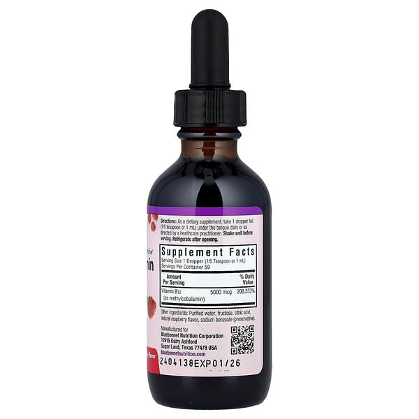 Alternative view of Bluebonnet Nutrition, CellularActive® Liquid Methylcobalamin Vitamin B12,  Raspberry, 5,000 mcg, 2 fl oz (59 ml)