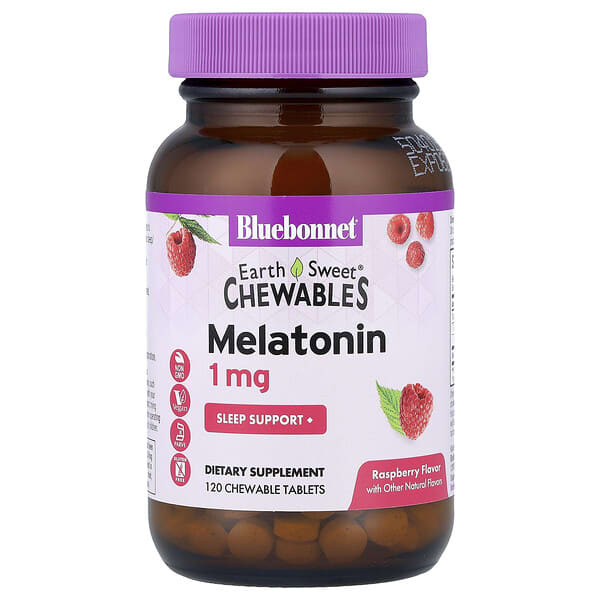 Bluebonnet Nutrition, Earth Sweet® Chewables, Melatonin, Raspberry, 1 mg, 120 Chewable Tablets