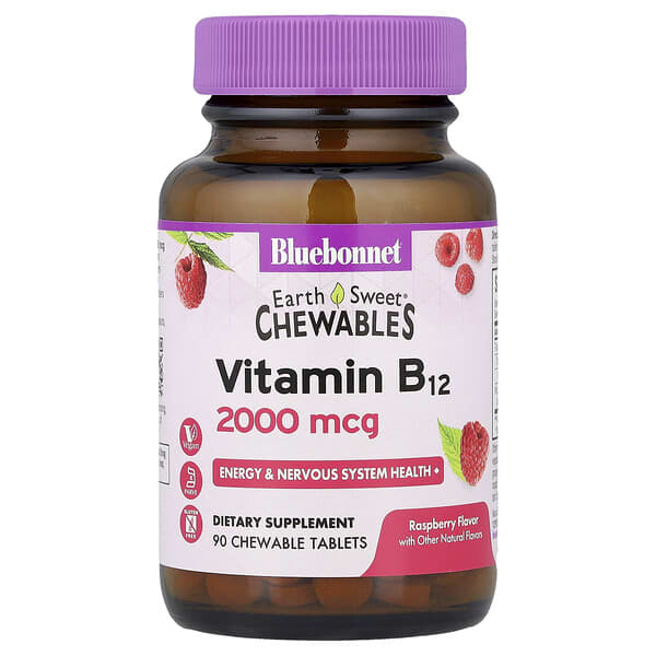Bluebonnet Nutrition, Earth Sweet® Chewables, Vitamin B12, Raspberry , 2,000 mcg, 90 Chewable Tablets