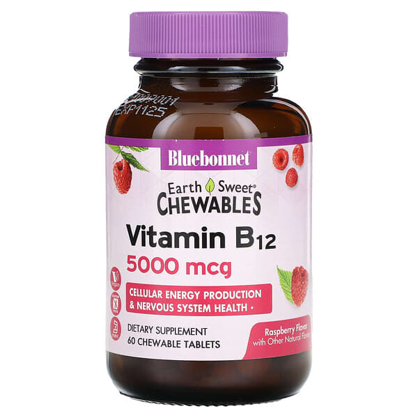 Bluebonnet Nutrition, Earth Sweet® Chewables, Vitamin B12, Raspberry, 5,000 mcg, 60 Chewable Tablets