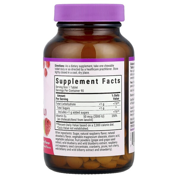 Alternative view of Bluebonnet Nutrition, EarthSweet® Chewables, Vitamin D3,  Raspberry, 50 mcg (2,000 IU), 90 Chewable Tablets