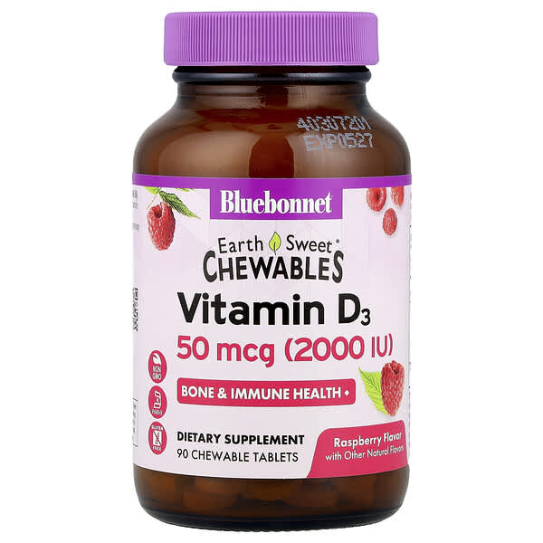 Bluebonnet Nutrition, EarthSweet® Chewables, Vitamin D3,  Raspberry, 50 mcg (2,000 IU), 90 Chewable Tablets