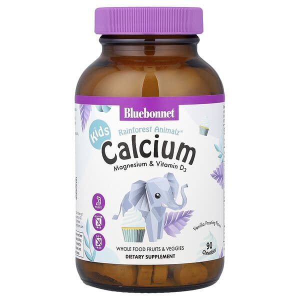 Bluebonnet Nutrition, Kids, Rainforest Animalz®, Calcium Magnesium & Vitamin D3, Vanilla Frosting, 90 Chewables