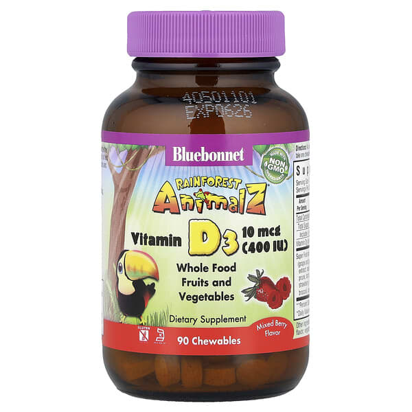 Bluebonnet Nutrition, Rainforest Animalz®, Vitamin D3, Mixed Berry, 90 Chewables