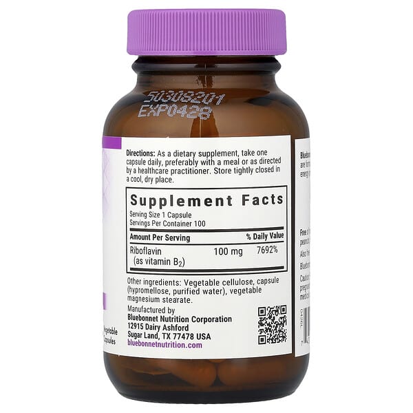 Alternative view of Bluebonnet Nutrition, Vitamin B2, 100 mg, 100 Vegetable Capsules