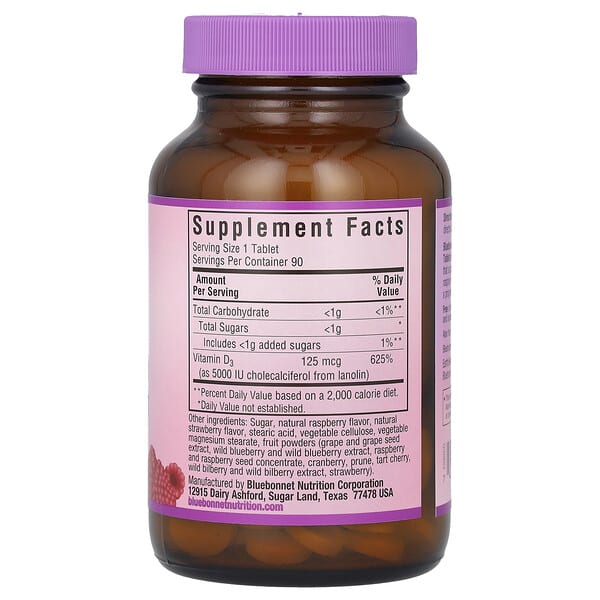 Alternative view of Bluebonnet Nutrition, Vitamin D3, Raspberry, 5,000 IU (125 mcg), 90 Chewable Tablets