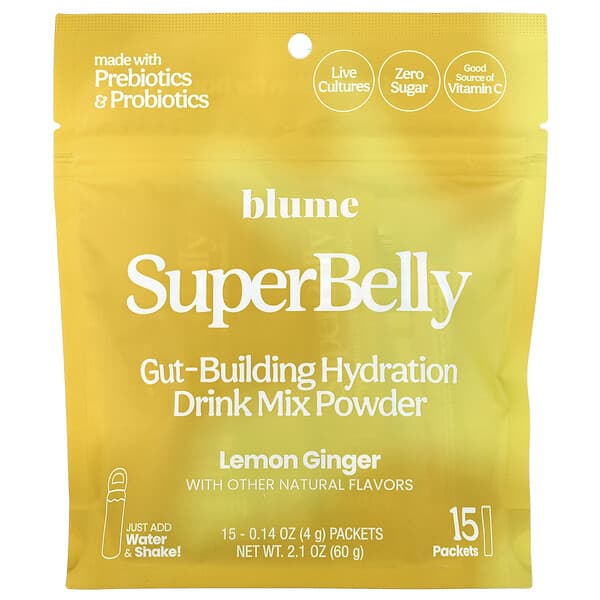 Blume, SuperBelly, Gut-Building Hydration Drink Mix Powder, Lemon Ginger, 15 Packets, 0.14 oz (4 g) Each