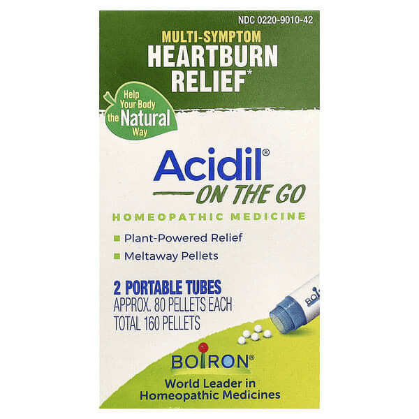 Boiron, Acidil® On The Go, Multi-Symptom Heartburn Relief, 2 Portable Tubes, 80 Pellets Each