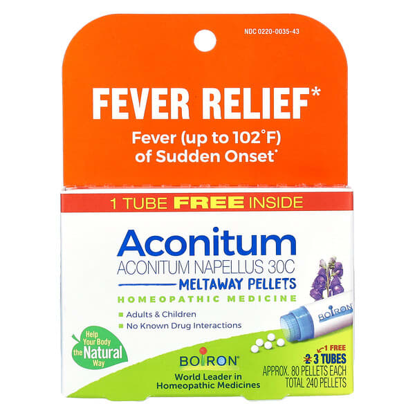 Boiron, Aconitum, Fever Relief, Meltaway Pellets, 30C, 3 Tubes, 80 Pellets Each