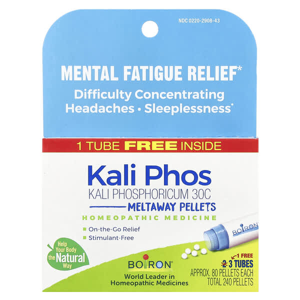 Boiron, Kali Phosphoricum, Mental Fatigue Relief, Meltaway Pellets, 30C, 3 Tubes, Approx. 80 Pellets Each