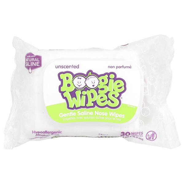 Boogie Wipes, Gentle Saline Nose Wipes, Unscented, 30 Wipes