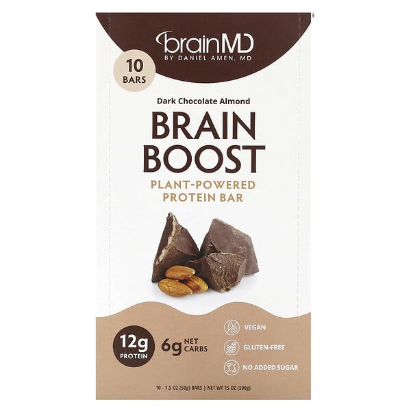 BrainMD, Brain Boost, Plant-Powered Protein Bar, Dark Chocolate Almond, 10 Bars, 1.5 oz (50 g) Each 3 BrainMD, Brain Boost, Plant-Powered Protein Bar, Dark Chocolate Almond, 10 Bars, 1.5 oz (50 g) Each