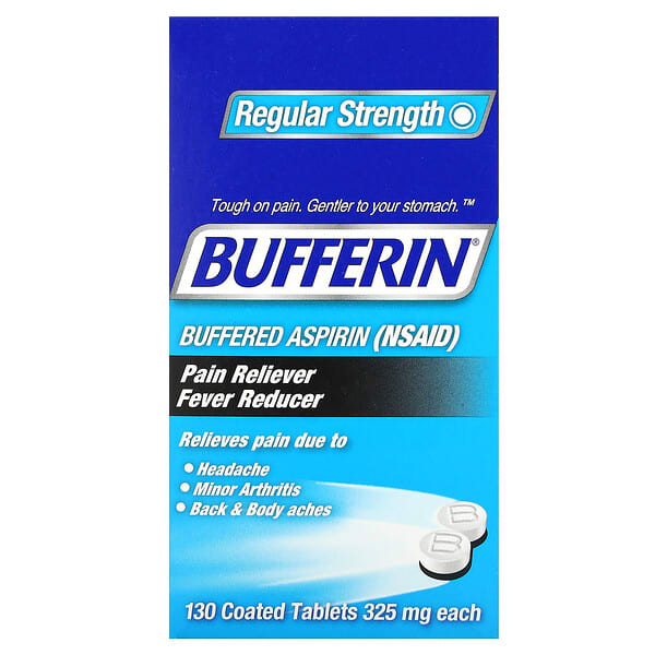 Bufferin, Buffered Aspirin (NSAID), Regular Strength, 130 Coated Tablets (325 mg per Tablet)