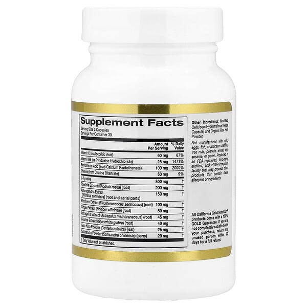 Alternative view of California Gold Nutrition, Adrenal Support with L-Tyrosine, Rhodiola Extract, Ashwagandha Extract, and Eleuthero Extract, 60 Veggie Capsules