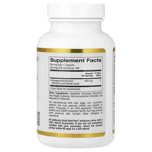 Alternative view of California Gold Nutrition, Ashwagandha, 450 mg, 180 Veggie Capsules
